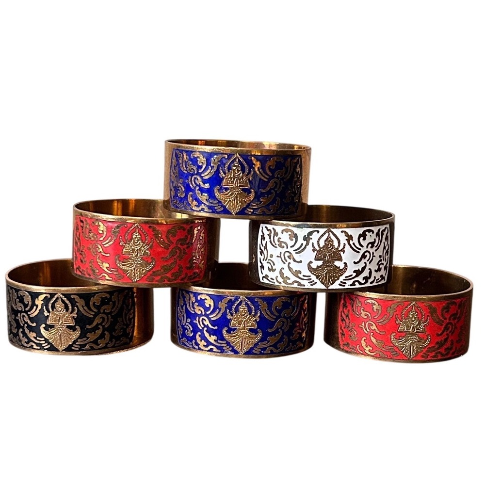 Vintage Thai‎ Bronze Enameled Napkin Rings Etched Buddha Set of 6 Multi Color
